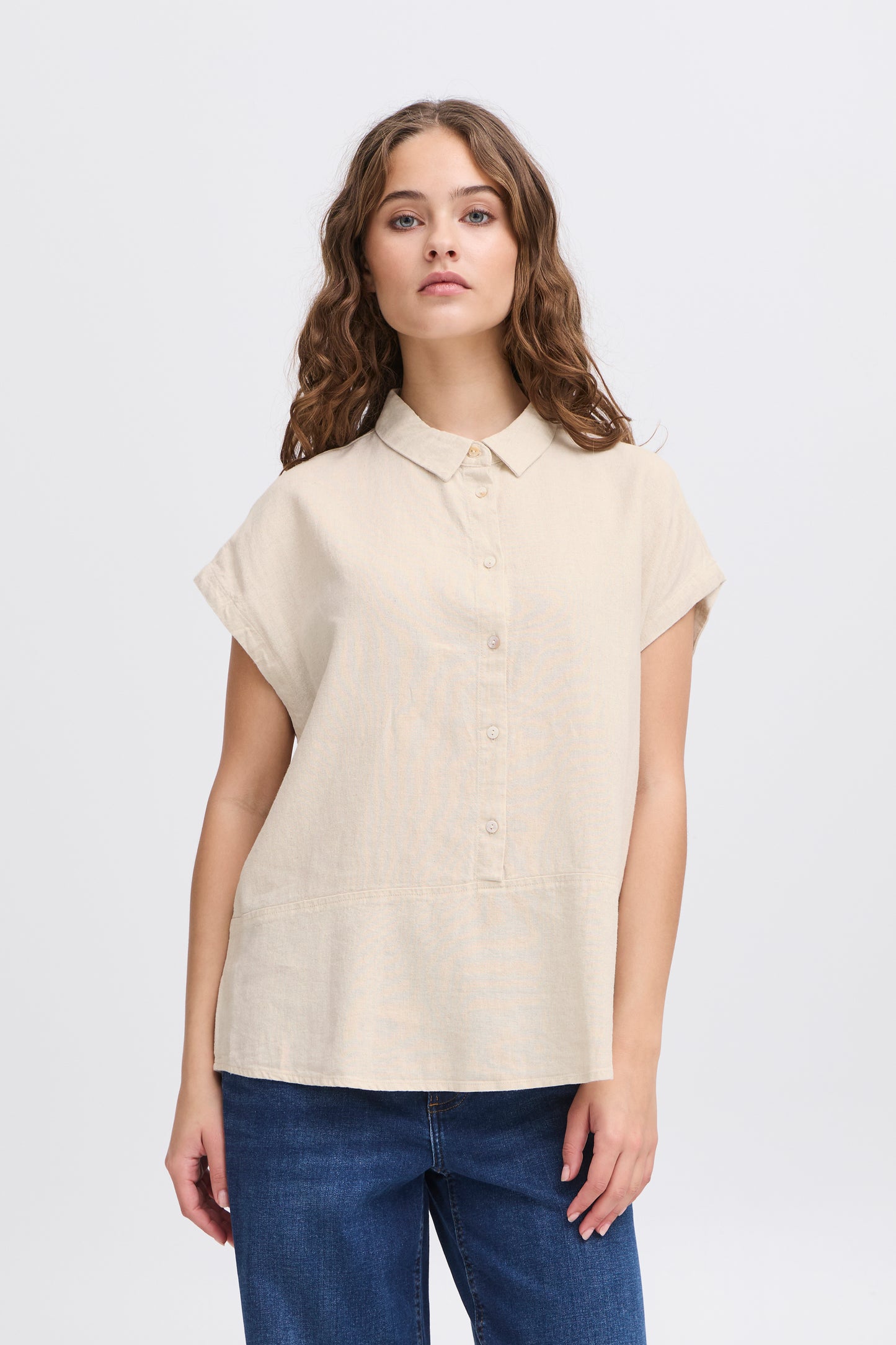 Ichi Linno Short Sleeved Shirt, Ecru