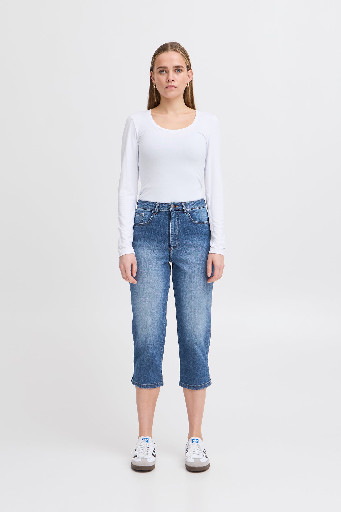 Ichi Twiggy Cropped High Waisted Jeans, Medium Blue