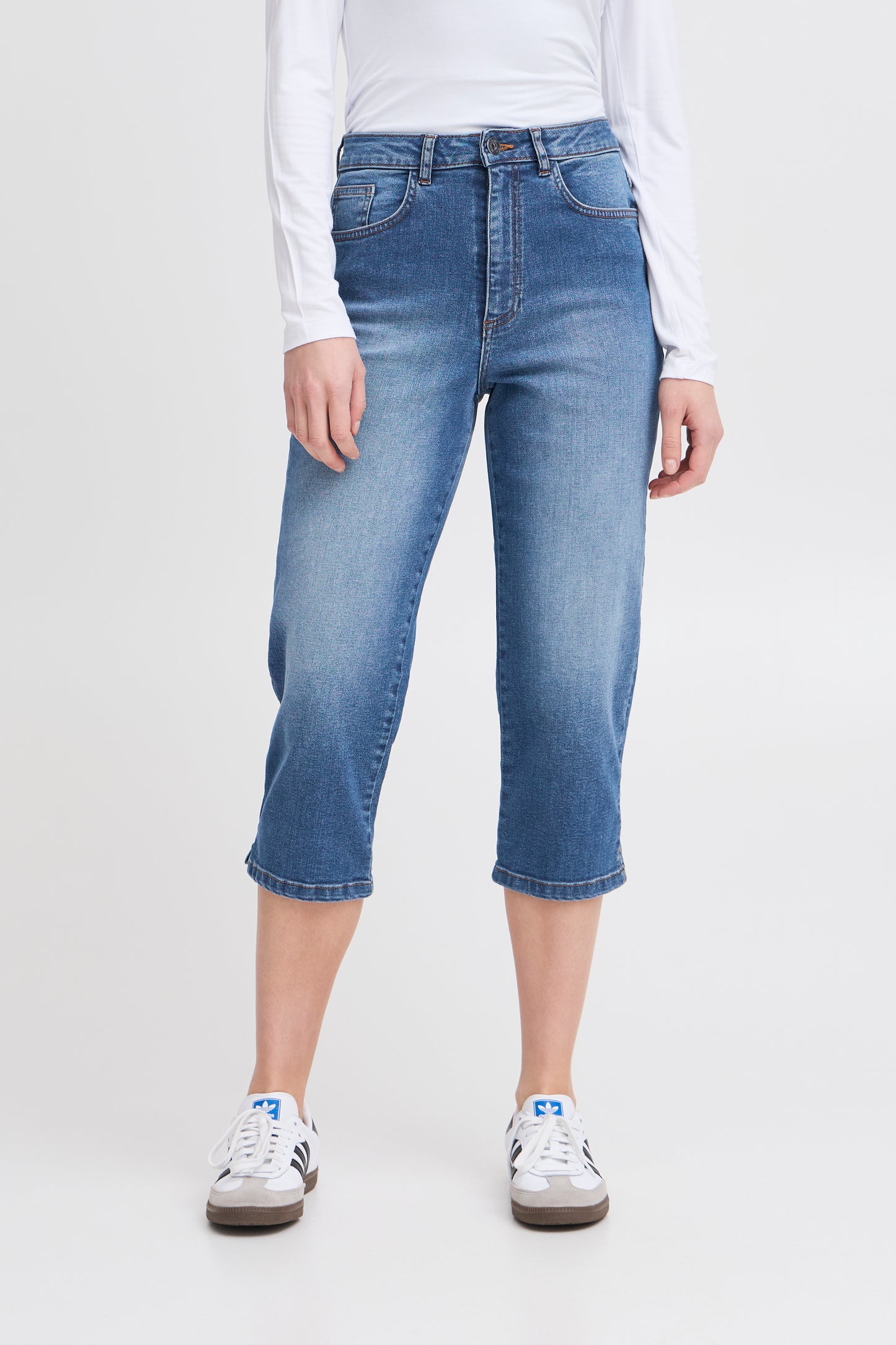Ichi Twiggy Cropped High Waisted Jeans, Medium Blue