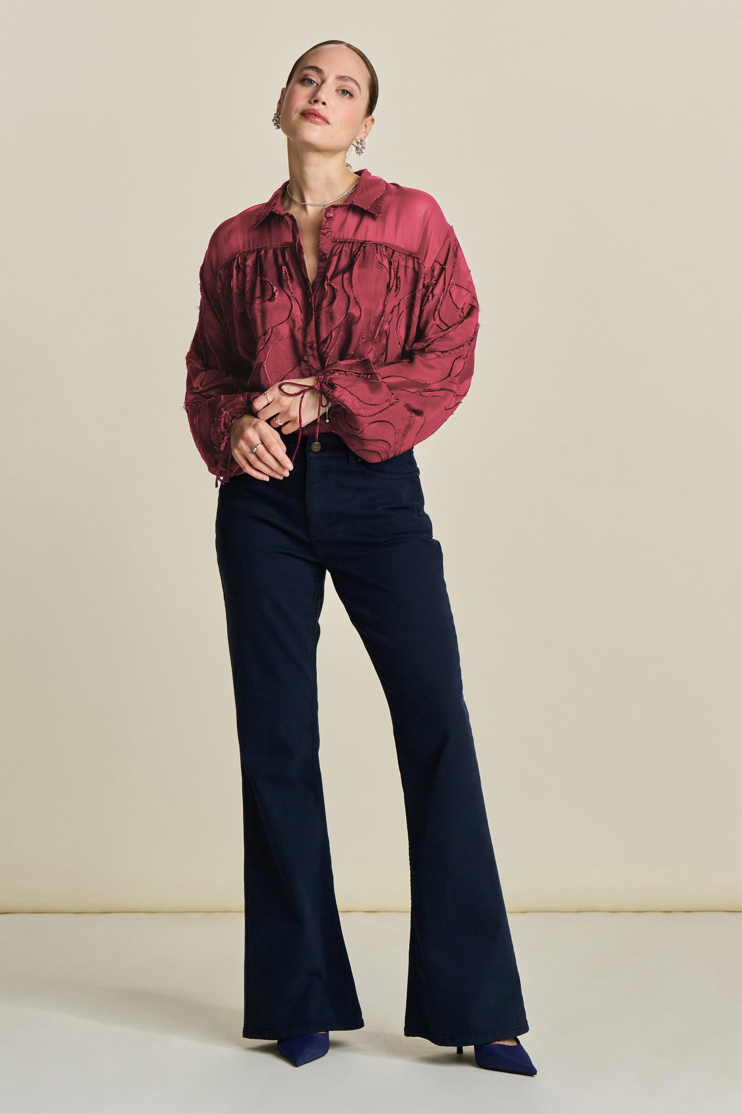 Pom Jacquard Blouse Burgandy