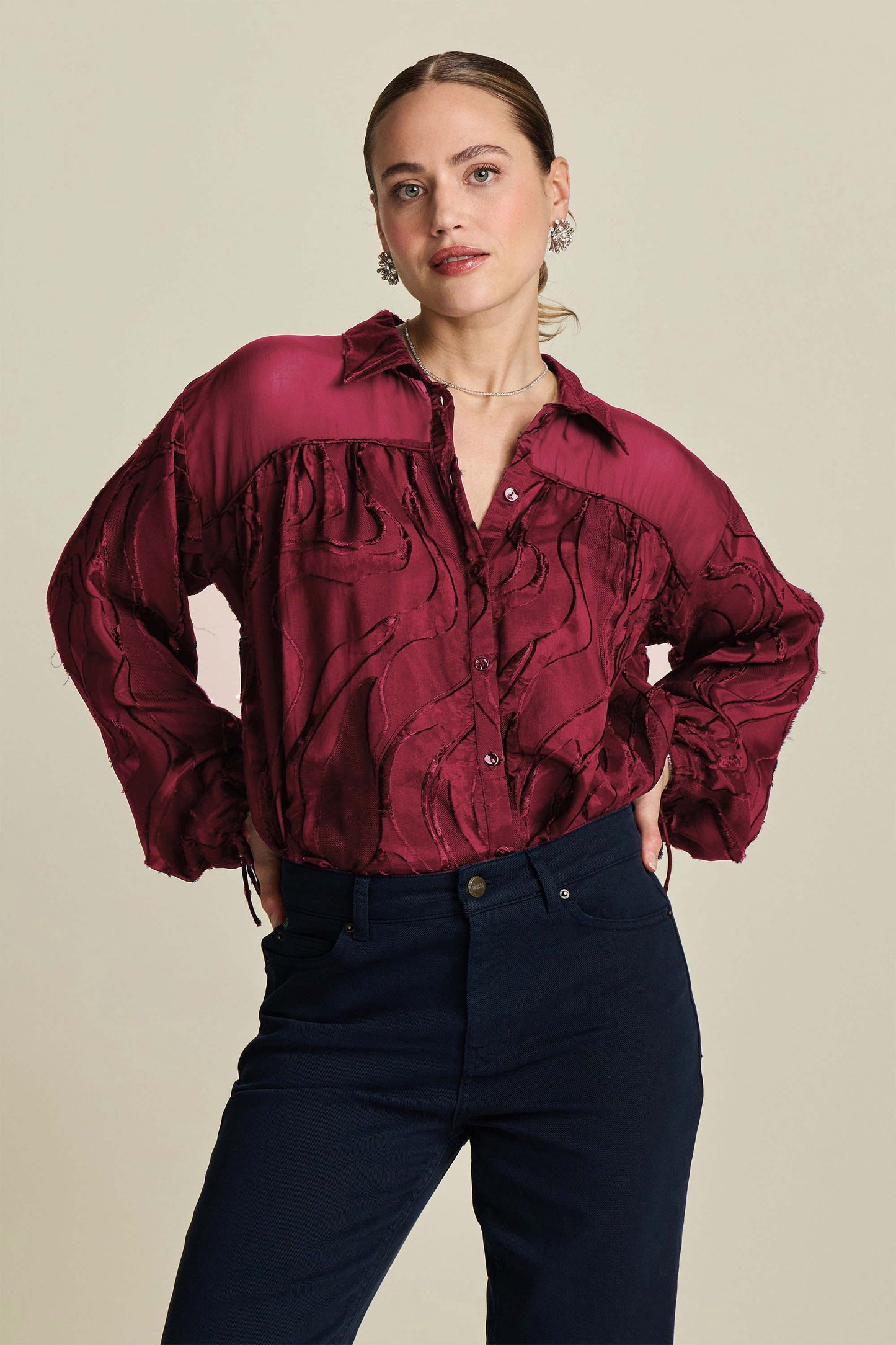 Pom Jacquard Blouse Burgandy