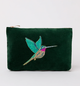 Hummingbird Forest Velvet Mini Pouch, Green