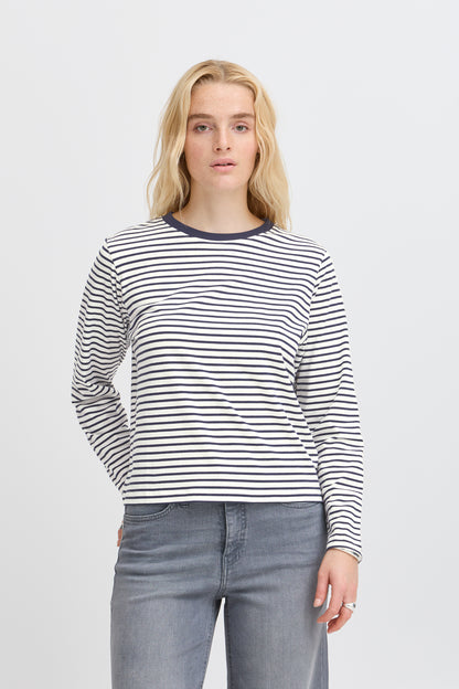 Ichi Mira Loose Long Sleeved Top Cream/Navy