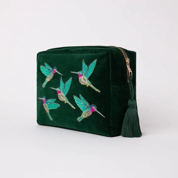 Hummingbird Forest Velvet Wash Bag, Green