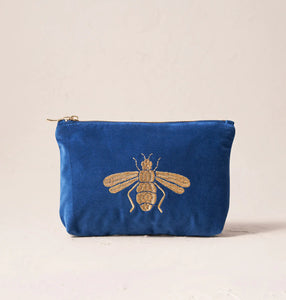 Honey Bee Velvet Mini Pouch, Cobalt Blue