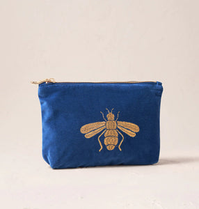 Honey Bee Velvet Mini Pouch, Cobalt Blue