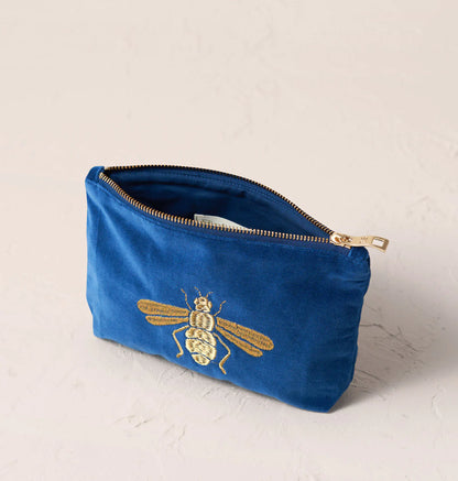 Honey Bee Velvet Mini Pouch, Cobalt Blue