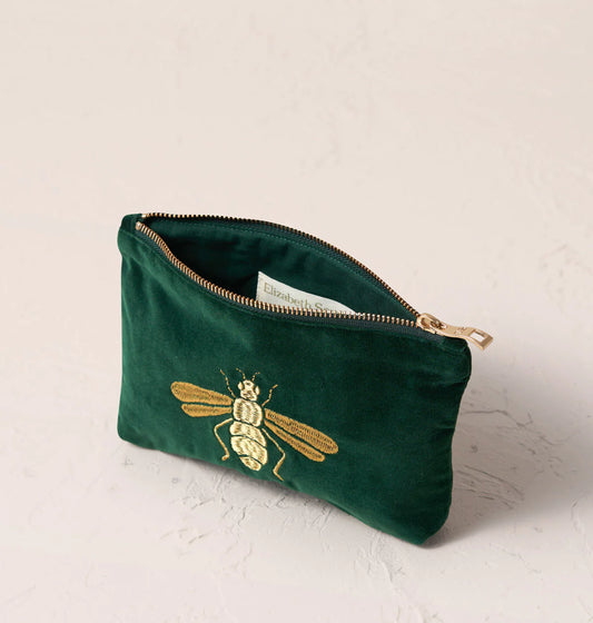 Honey Bee Velvet Mini Pouch, Forest Green