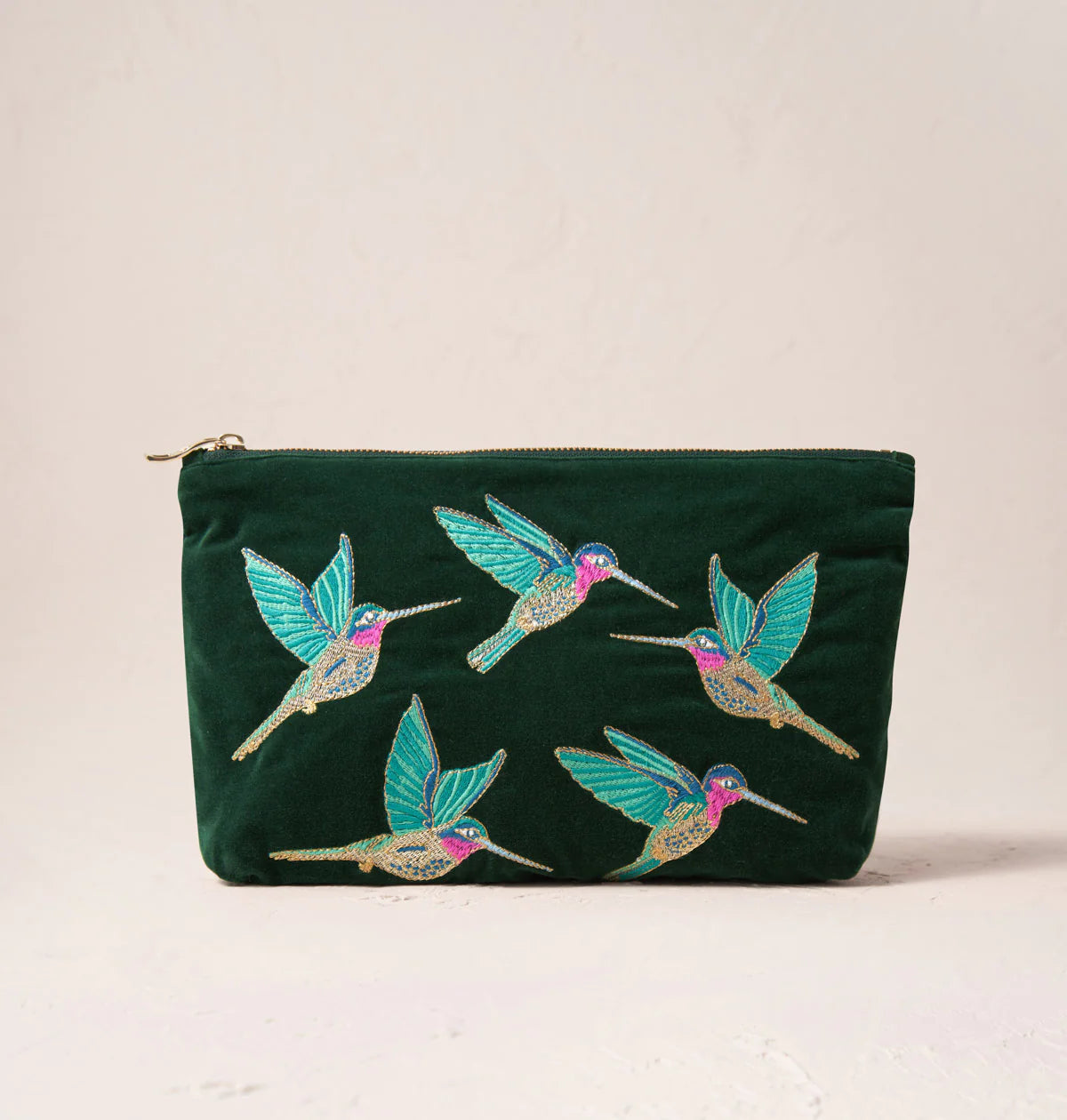 Hummingbird Forest Velvet Pouch, Green