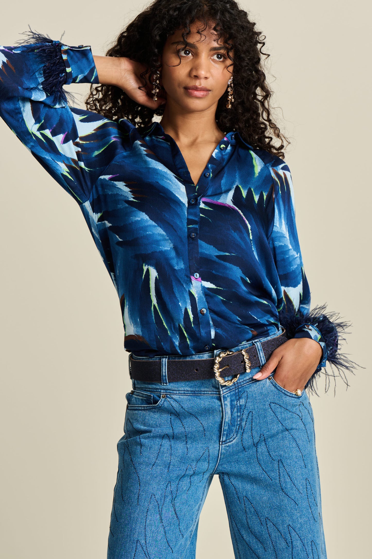 Pom Feathers Blouse Midnight Blue