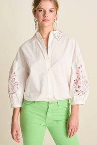 Pom Embroidery Blooming Blouse, Ecru