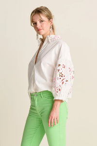 Pom Embroidery Blooming Blouse, Ecru