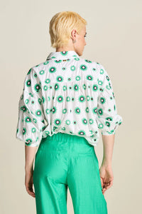 Pom Embroidery Sicilian Sun Blouse, White Green
