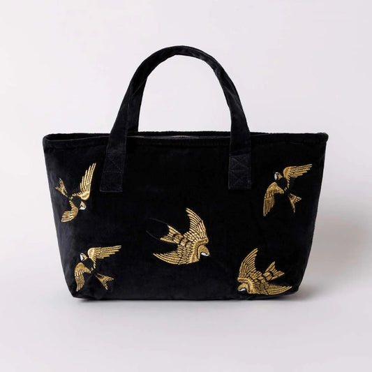 Swallow Velvet Day Bag, Charcoal